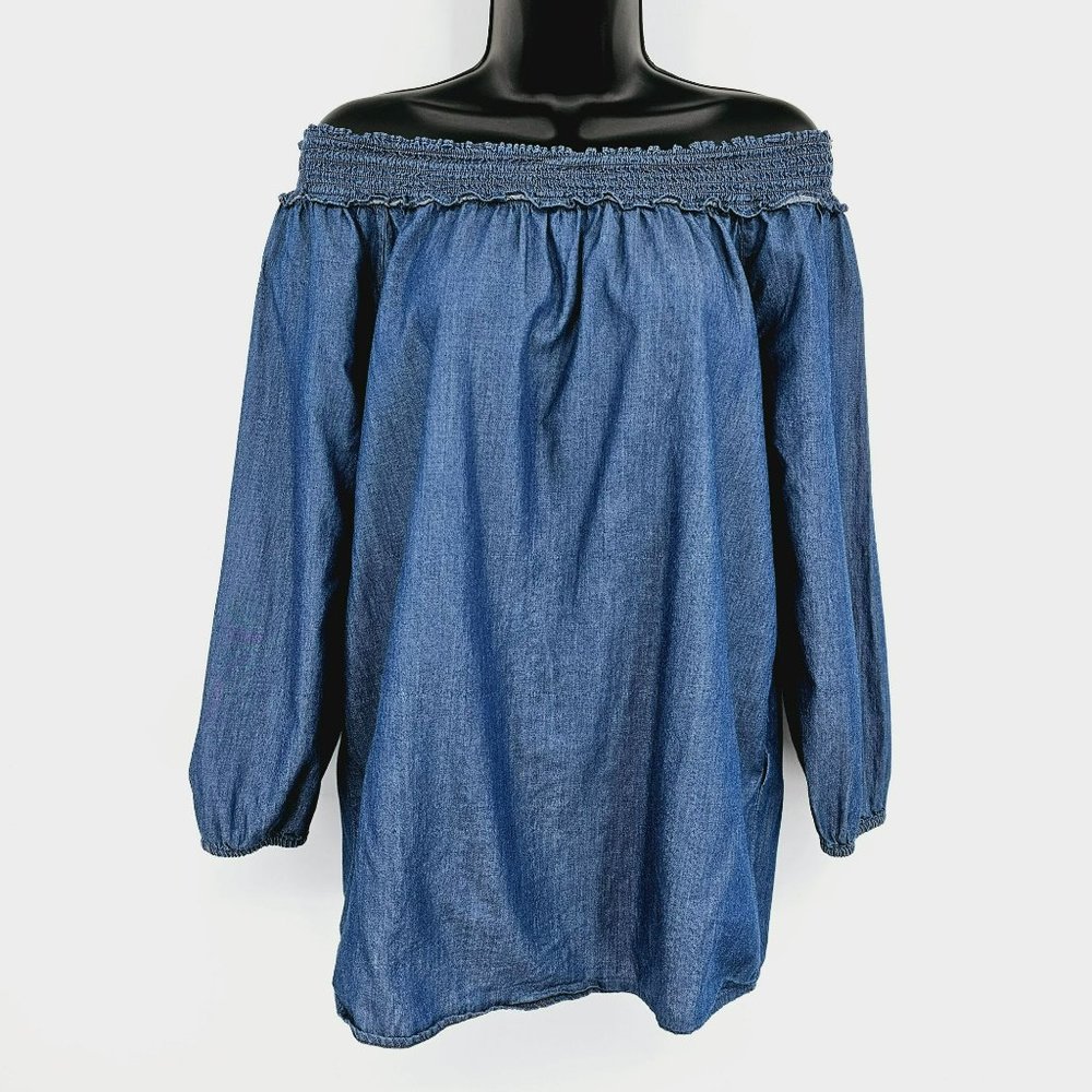 Chicos Smocked Off The Shoulder Top 0 S 4 Chambray Blue Elastic Neck 100% Cotton